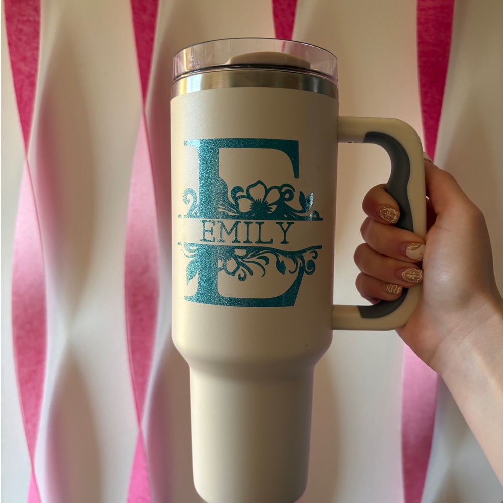 Personalized Cream and Blue Travel Mug